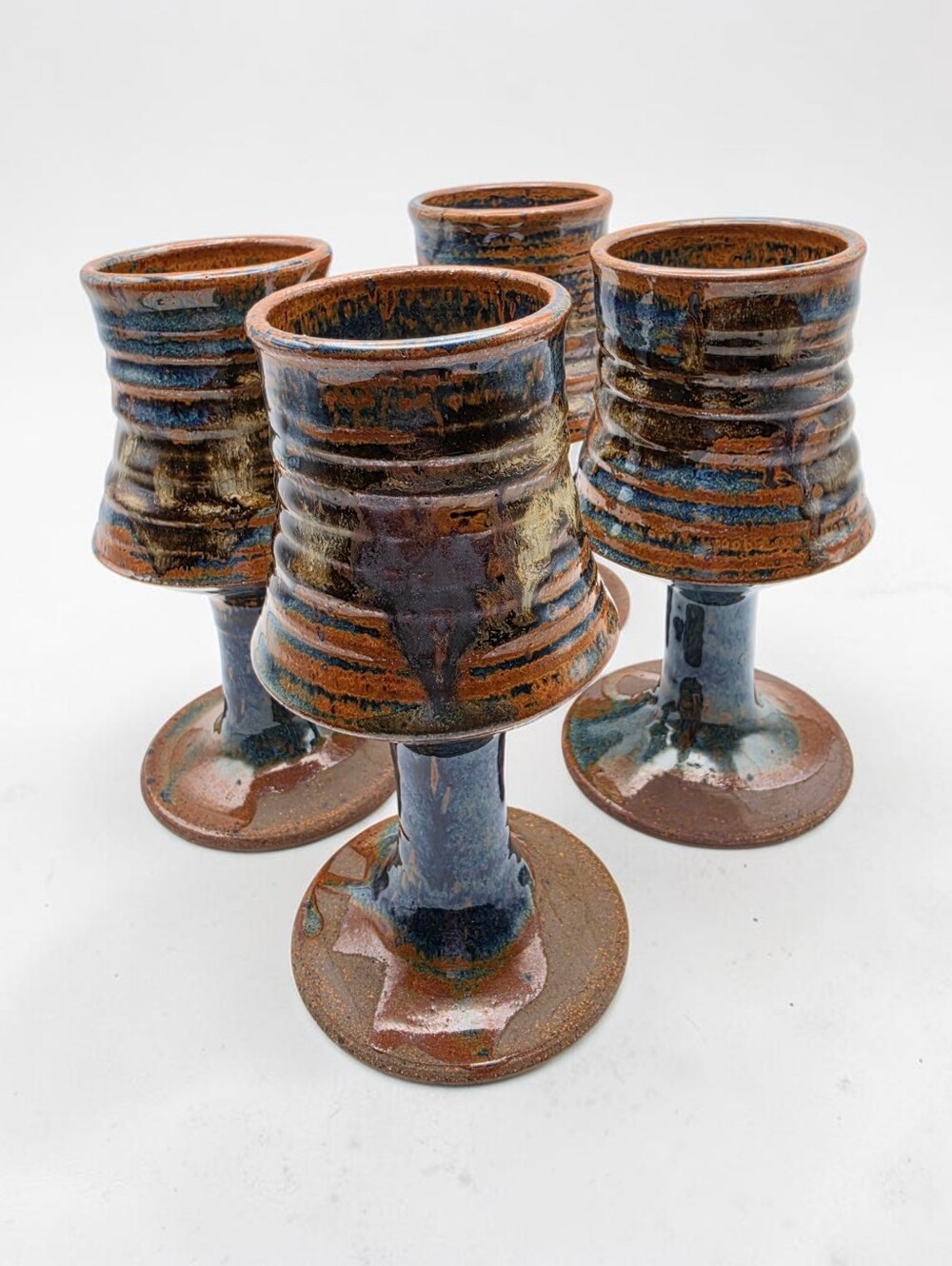 Vintage Signed Studio Pottery Stoneware Goblets - Set of 4 Drip Glaze Chalices